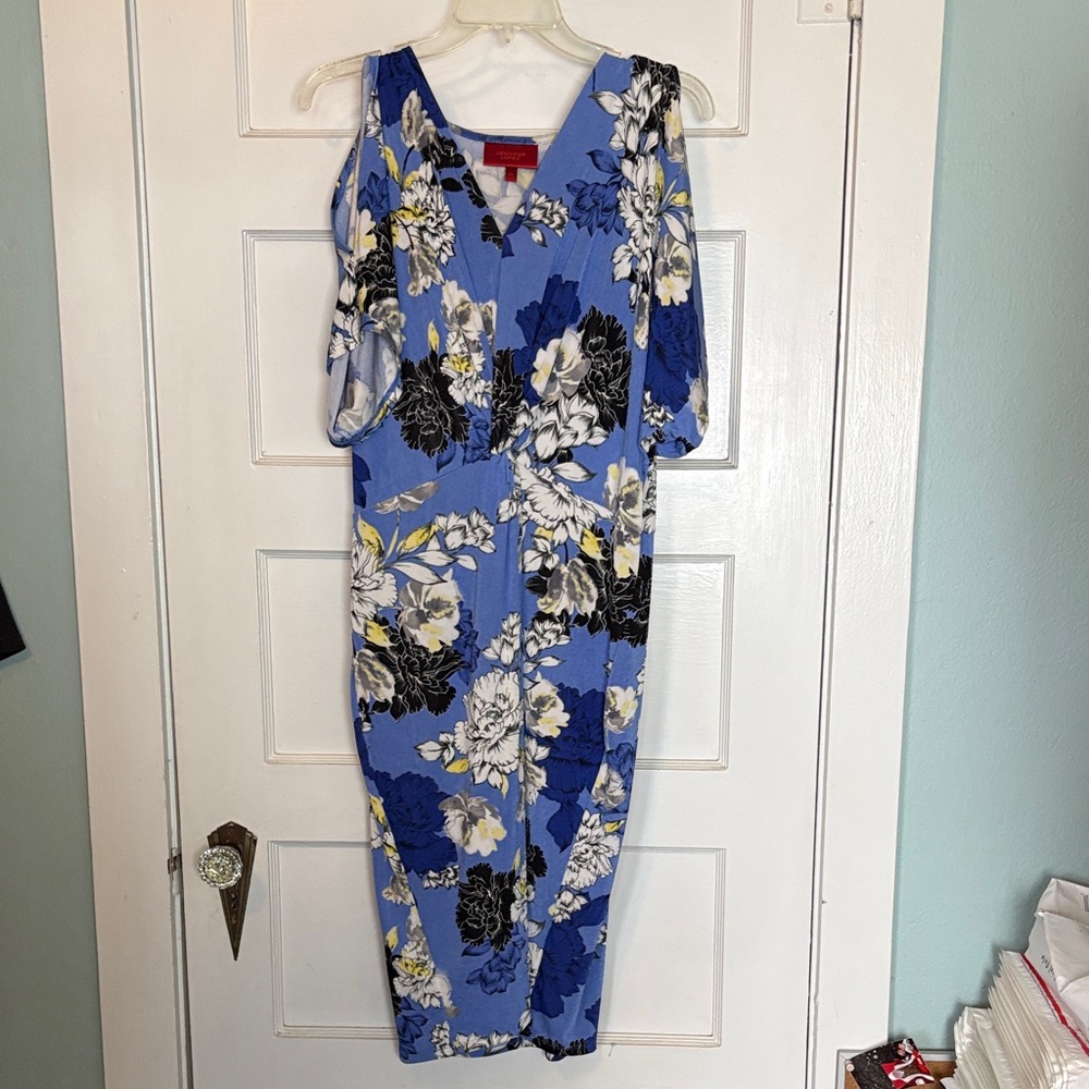 Jennifer Lopez Floral Blue V-Neck Cold-Shoulder Dress Size XXL